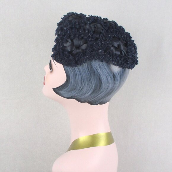 Blue Cocktail Hat Vintage 1960s Rafia Flower Juliet Cap Half Calot - Picture 2 of 6